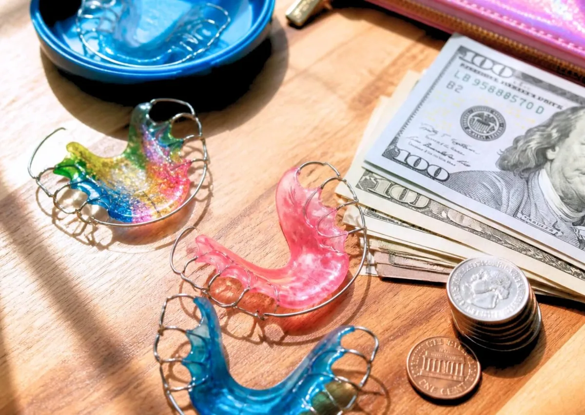 Dental retainers displayed beside money to represent dental retainer costs and replacement expenses.